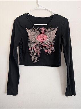 Black Long-Sleeve Graphic Crop Top with Pink Winged Heart